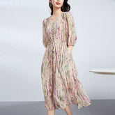 Womens V Neck Silk Floral Dress Half Sleeve Silk Midi Dress